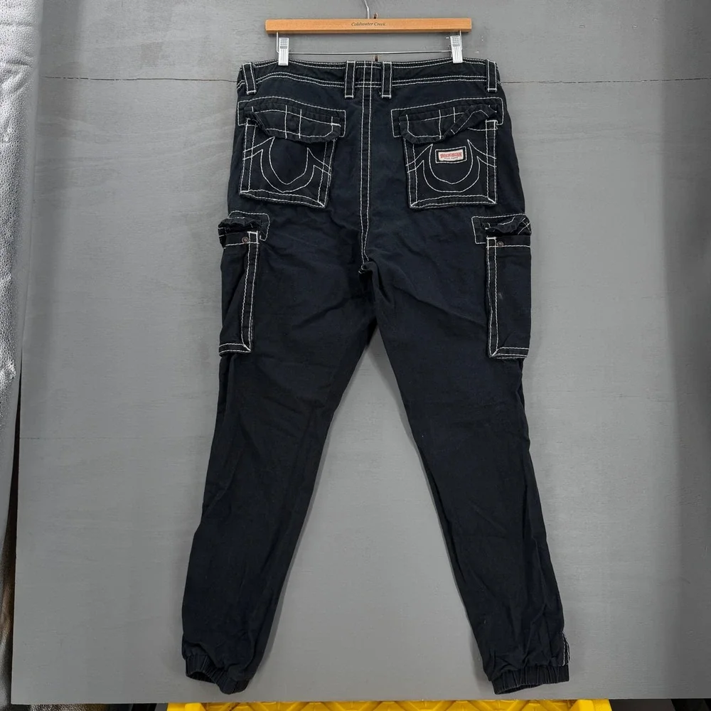 True Religion Cargo Jogger Pants Black Big T Contrast Stitch Size 34